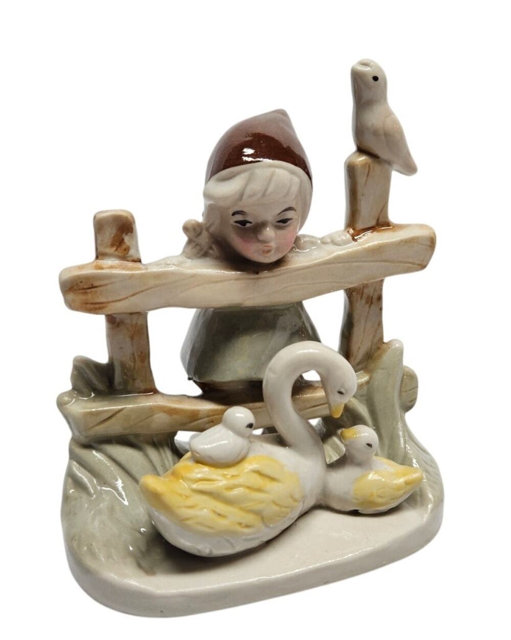5" Vintage Artmark Porcelain Figurine Girl by Wooden Fence Swan Ducklings Bird